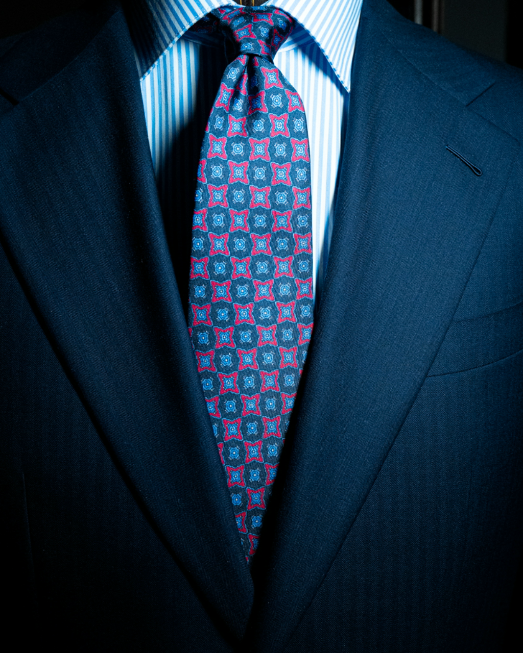 Agostino Blue Tie with Red and Light Blue Fantasy design