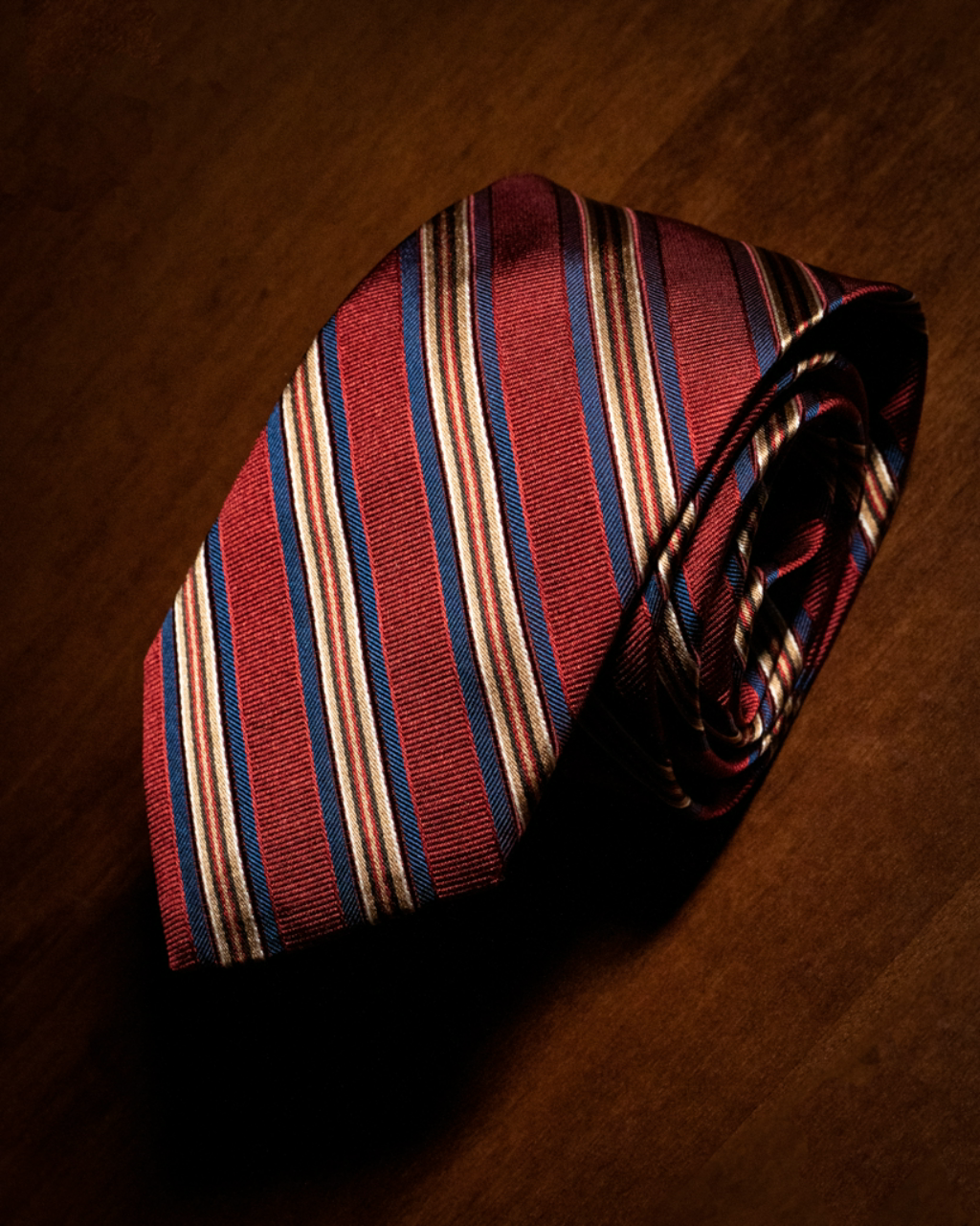 Agostino Red Tie With Blue and Gold Striped Pattern