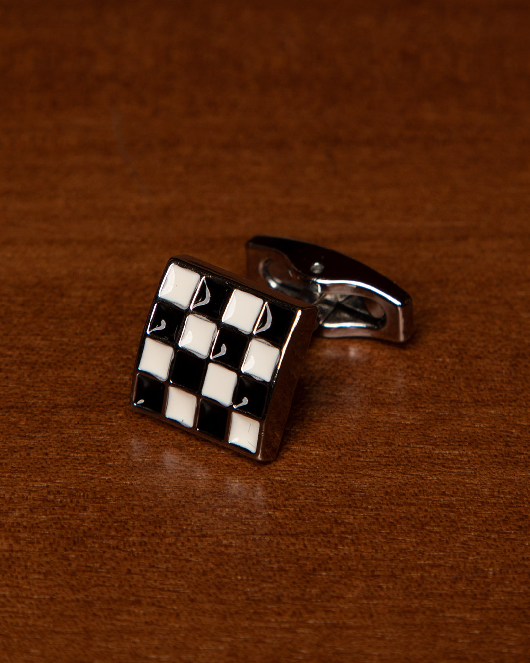Silver-Colored Cufflinks with Black and White Checkered Pattern