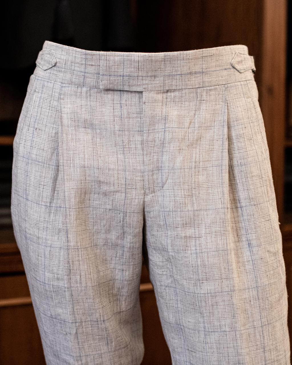 Pantalone Borromini Lino Beige con Quadri Azzurri